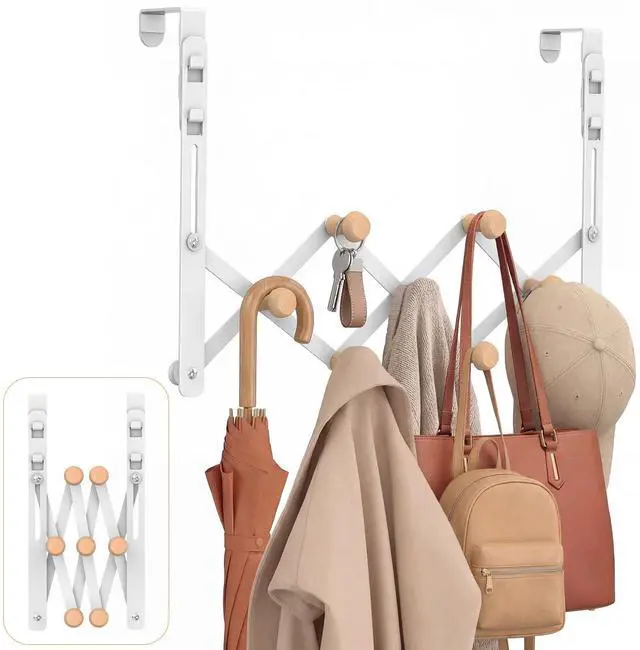 Main image of Over The Door Hooks, Door Hanger Towel Rack Organizer, Collapsible No Drill Holder, Heavy Duty Easy to Install, Pads and Wooden Knobs, No-Scratch for Bathroom Clothes Coat Travel, Fit 1-3/4"