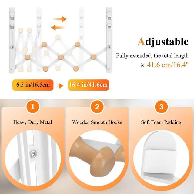 Alt view image 2 of 7 - Over The Door Hooks, Door Hanger Towel Rack Organizer, Collapsible No Drill Holder, Heavy Duty Easy to Install, Pads and Wooden Knobs, No-Scratch for Bathroom Clothes Coat Travel, Fit 1-3/4"