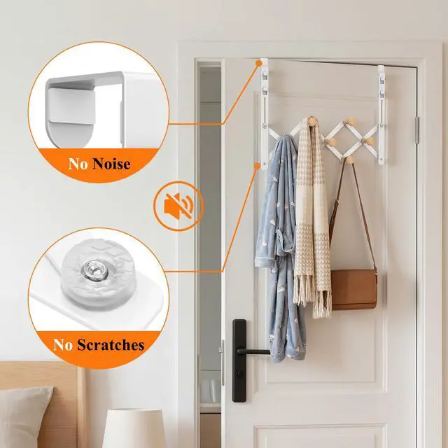 Alt view image 3 of 7 - Over The Door Hooks, Door Hanger Towel Rack Organizer, Collapsible No Drill Holder, Heavy Duty Easy to Install, Pads and Wooden Knobs, No-Scratch for Bathroom Clothes Coat Travel, Fit 1-3/4"