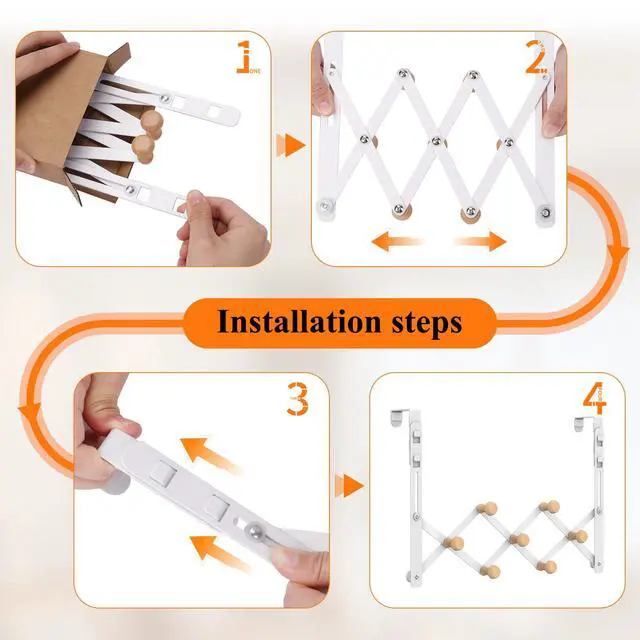 Alt view image 4 of 7 - Over The Door Hooks, Door Hanger Towel Rack Organizer, Collapsible No Drill Holder, Heavy Duty Easy to Install, Pads and Wooden Knobs, No-Scratch for Bathroom Clothes Coat Travel, Fit 1-3/4"