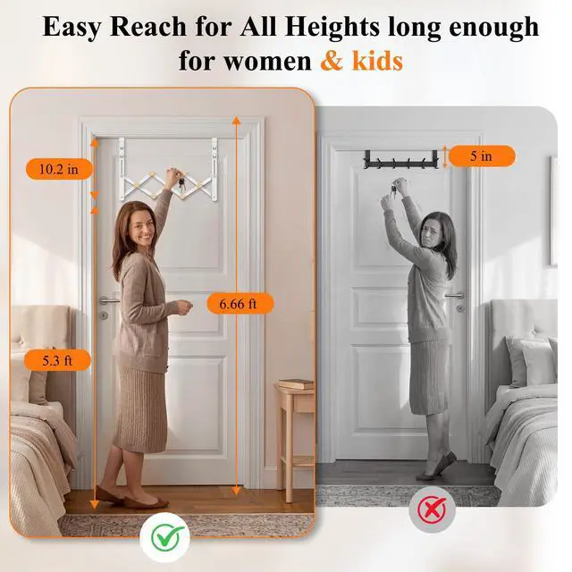 Alt view image 5 of 7 - Over The Door Hooks, Door Hanger Towel Rack Organizer, Collapsible No Drill Holder, Heavy Duty Easy to Install, Pads and Wooden Knobs, No-Scratch for Bathroom Clothes Coat Travel, Fit 1-3/4"