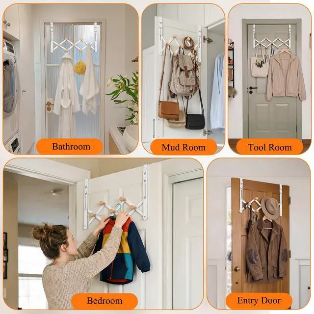 Alt view image 6 of 7 - Over The Door Hooks, Door Hanger Towel Rack Organizer, Collapsible No Drill Holder, Heavy Duty Easy to Install, Pads and Wooden Knobs, No-Scratch for Bathroom Clothes Coat Travel, Fit 1-3/4"