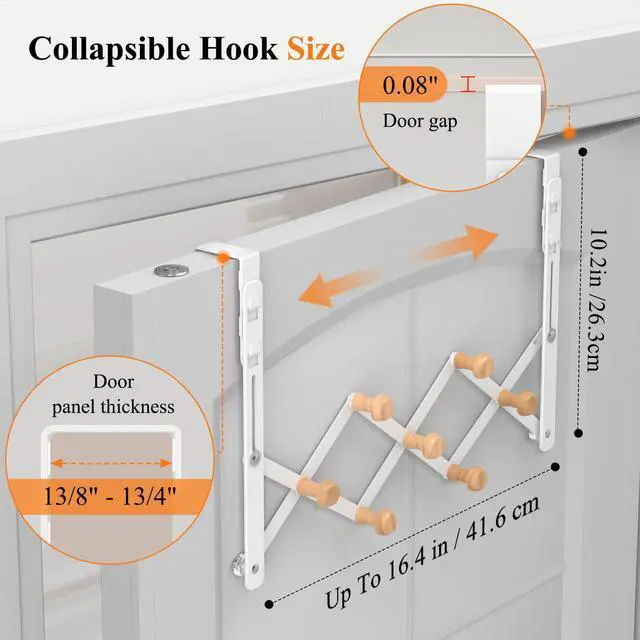 Alt view image 7 of 7 - Over The Door Hooks, Door Hanger Towel Rack Organizer, Collapsible No Drill Holder, Heavy Duty Easy to Install, Pads and Wooden Knobs, No-Scratch for Bathroom Clothes Coat Travel, Fit 1-3/4"