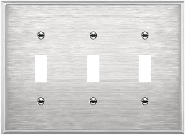 Main image of Triple Toggle Light Switch Metal Cover Plate, Stainless Steel Wall Plate, Corrosion Resistant, 430 Stainless Steel, Mid-Size 3-Gang 4.88" x 8.58", UL Listed, 7713M, Silver