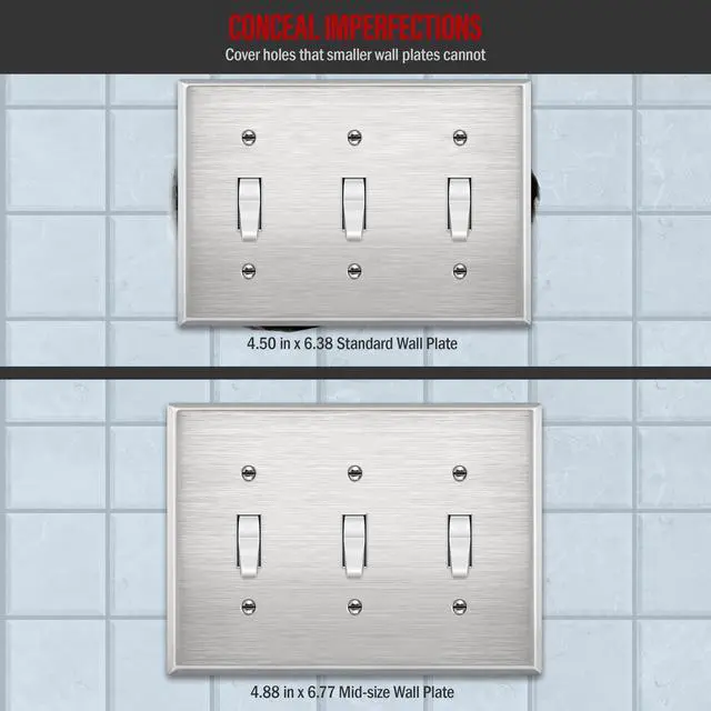 Alt view image 2 of 7 - Triple Toggle Light Switch Metal Cover Plate, Stainless Steel Wall Plate, Corrosion Resistant, 430 Stainless Steel, Mid-Size 3-Gang 4.88" x 8.58", UL Listed, 7713M, Silver