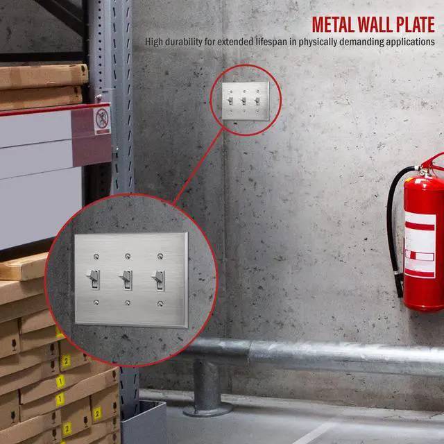 Alt view image 6 of 7 - Triple Toggle Light Switch Metal Cover Plate, Stainless Steel Wall Plate, Corrosion Resistant, 430 Stainless Steel, Mid-Size 3-Gang 4.88" x 8.58", UL Listed, 7713M, Silver
