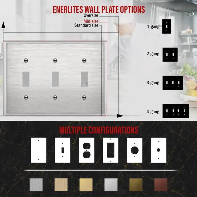 Alt view image 4 of 7 - Triple Toggle Light Switch Metal Cover Plate, Stainless Steel Wall Plate, Corrosion Resistant, 430 Stainless Steel, Mid-Size 3-Gang 4.88" x 8.58", UL Listed, 7713M, Silver