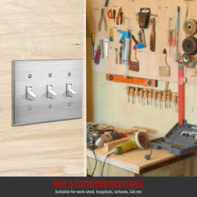 Alt view image 7 of 7 - Triple Toggle Light Switch Metal Cover Plate, Stainless Steel Wall Plate, Corrosion Resistant, 430 Stainless Steel, Mid-Size 3-Gang 4.88" x 8.58", UL Listed, 7713M, Silver