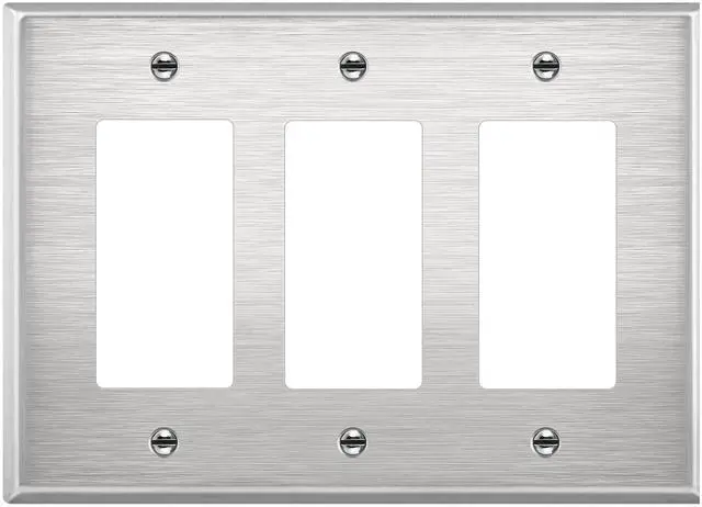 Main image of Triple Decorator Switch Metal Wall Plate, Stainless Steel Outlet Cover, Corrosion Resistant, 430 Stainless Steel, Mid-Size 3-Gang 4.88" x 6.77", UL Listed, 7733M, Silver