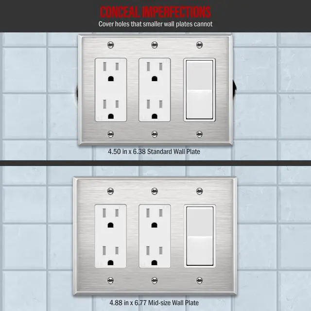 Alt view image 2 of 7 - Triple Decorator Switch Metal Wall Plate, Stainless Steel Outlet Cover, Corrosion Resistant, 430 Stainless Steel, Mid-Size 3-Gang 4.88" x 6.77", UL Listed, 7733M, Silver