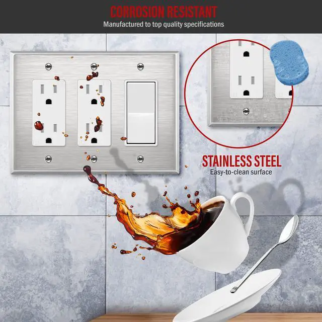 Alt view image 3 of 7 - Triple Decorator Switch Metal Wall Plate, Stainless Steel Outlet Cover, Corrosion Resistant, 430 Stainless Steel, Mid-Size 3-Gang 4.88" x 6.77", UL Listed, 7733M, Silver