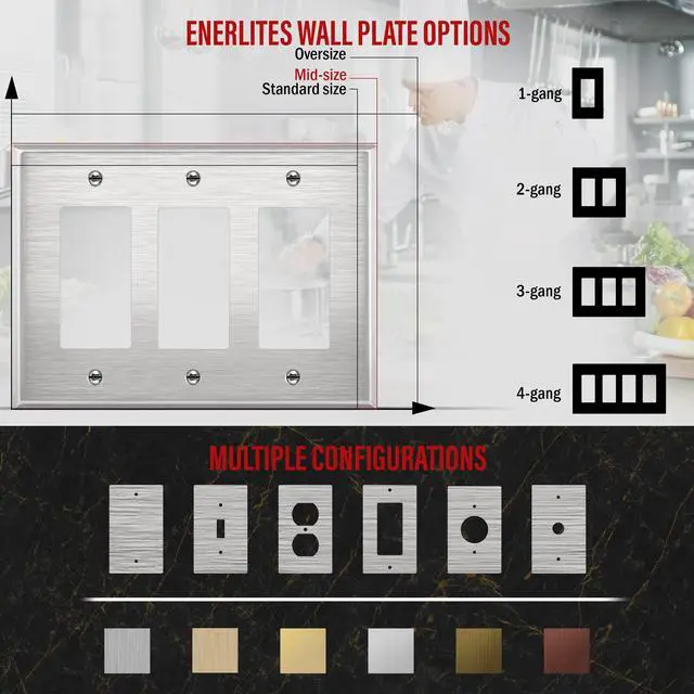 Alt view image 4 of 7 - Triple Decorator Switch Metal Wall Plate, Stainless Steel Outlet Cover, Corrosion Resistant, 430 Stainless Steel, Mid-Size 3-Gang 4.88" x 6.77", UL Listed, 7733M, Silver