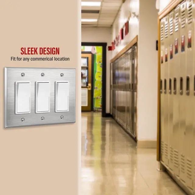 Alt view image 6 of 7 - Triple Decorator Switch Metal Wall Plate, Stainless Steel Outlet Cover, Corrosion Resistant, 430 Stainless Steel, Mid-Size 3-Gang 4.88" x 6.77", UL Listed, 7733M, Silver