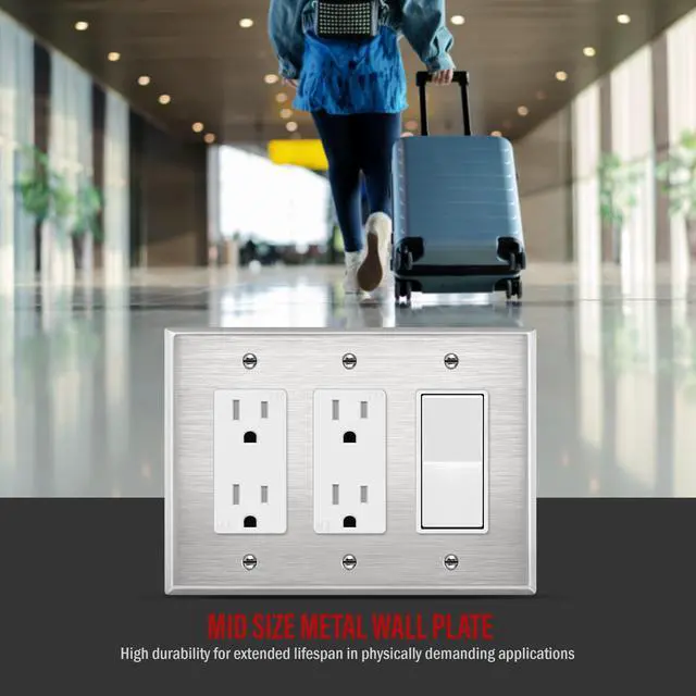 Alt view image 7 of 7 - Triple Decorator Switch Metal Wall Plate, Stainless Steel Outlet Cover, Corrosion Resistant, 430 Stainless Steel, Mid-Size 3-Gang 4.88" x 6.77", UL Listed, 7733M, Silver