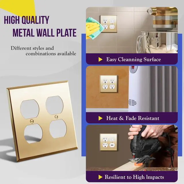 Alt view image 4 of 7 - Double Duplex Receptacle Metal Wall Plate, Socket Outlet Switch Cover, Stainless Steel 201, Corrosion Resistant, Size 2-Gang 4.50" x 4.57", 7722-PB, Polished Brass, Gold