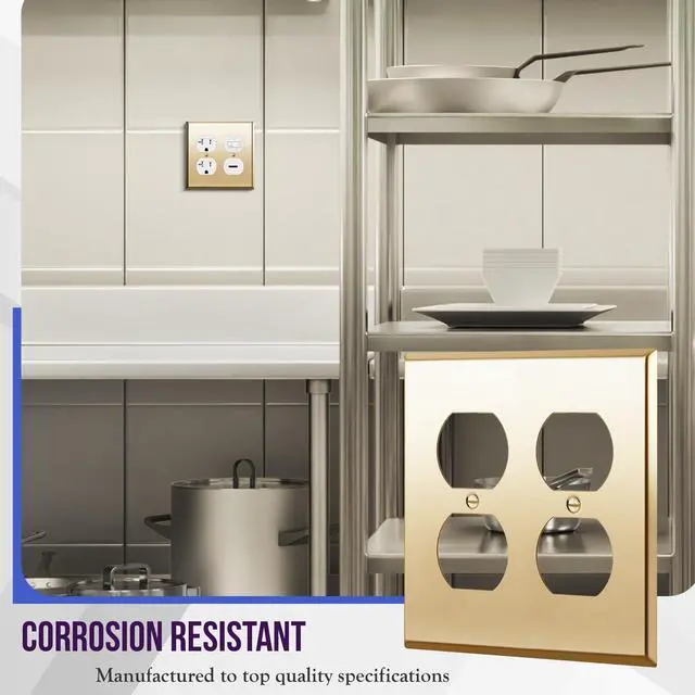Alt view image 3 of 7 - Double Duplex Receptacle Metal Wall Plate, Socket Outlet Switch Cover, Stainless Steel 201, Corrosion Resistant, Size 2-Gang 4.50" x 4.57", 7722-PB, Polished Brass, Gold