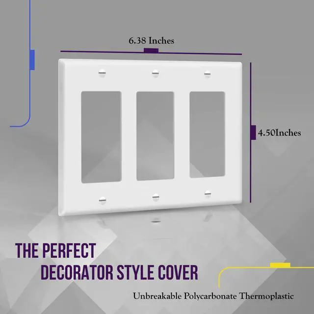 Alt view image 2 of 7 - Decorator Light Switch or Receptacle Outlet Wall Plate, Gloss Finish, Size 3-Gang 4.50" x 6.38", Polycarbonate Thermoplastic, 8833-W, White , Standard Size , 1 Count ( Pack of 1)