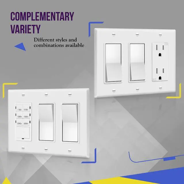 Alt view image 6 of 7 - Decorator Light Switch or Receptacle Outlet Wall Plate, Gloss Finish, Size 3-Gang 4.50" x 6.38", Polycarbonate Thermoplastic, 8833-W, White , Standard Size , 1 Count ( Pack of 1)
