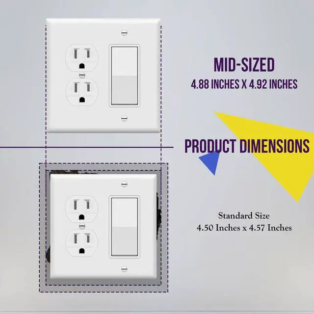 Alt view image 2 of 7 - Combination Duplex Receptacle Outlet/Decorator Rocker Light Switch Wall Plate Cover, Midway Size 2-Gang 4.88" x 4.92", Polycarbonate Thermoplastic, UL Listed, 882131M-W, White