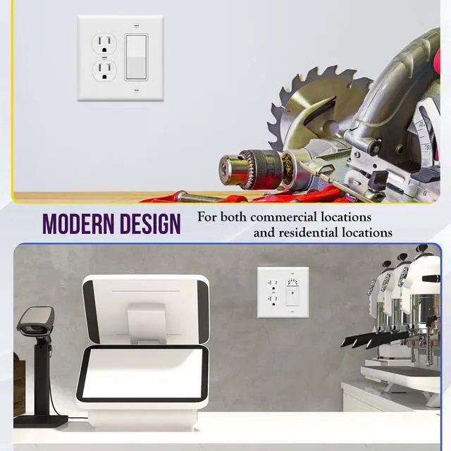 Alt view image 5 of 7 - Combination Duplex Receptacle Outlet/Decorator Rocker Light Switch Wall Plate Cover, Midway Size 2-Gang 4.88" x 4.92", Polycarbonate Thermoplastic, UL Listed, 882131M-W, White