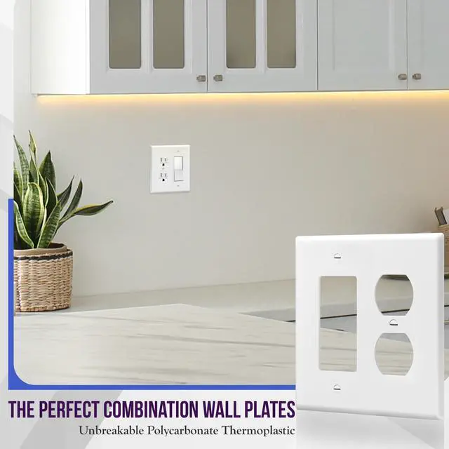 Alt view image 3 of 7 - Combination Duplex Receptacle Outlet/Decorator Rocker Light Switch Wall Plate Cover, Midway Size 2-Gang 4.88" x 4.92", Polycarbonate Thermoplastic, UL Listed, 882131M-W, White