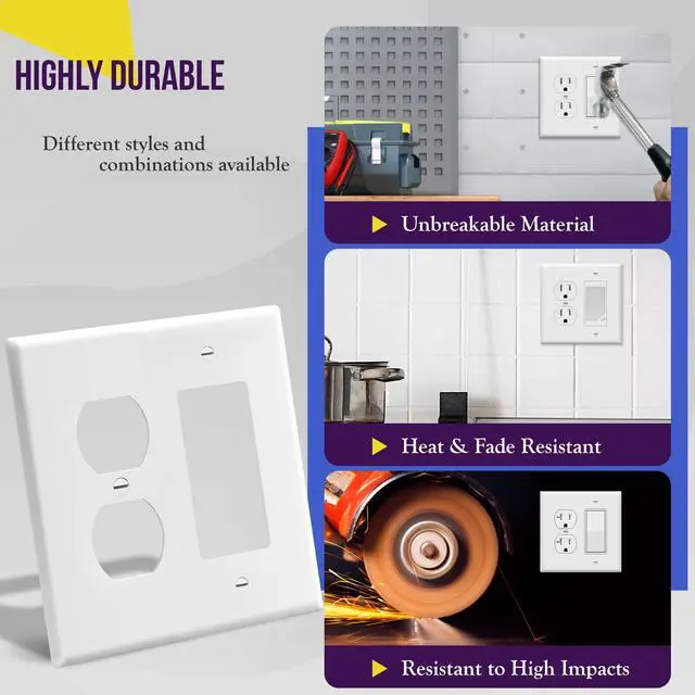 Alt view image 4 of 7 - Combination Duplex Receptacle Outlet/Decorator Rocker Light Switch Wall Plate Cover, Midway Size 2-Gang 4.88" x 4.92", Polycarbonate Thermoplastic, UL Listed, 882131M-W, White