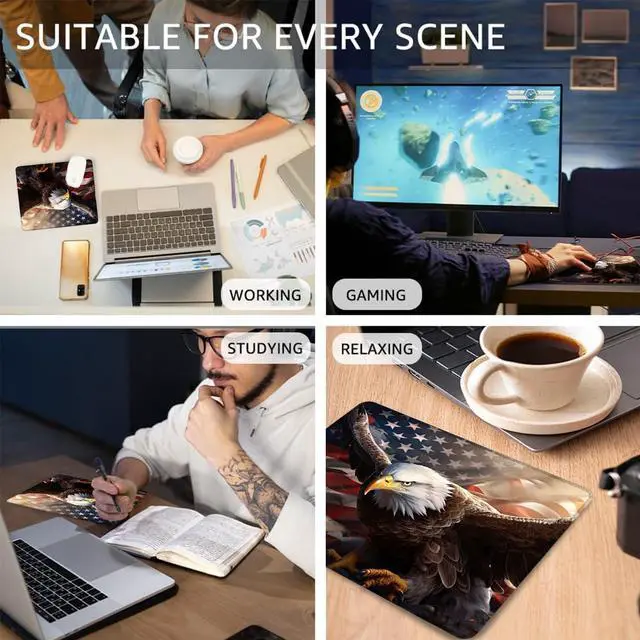 Alt view image 7 of 7 - Desk Pad, American Flag and Bald Eagle Small Gaming Mouse Pad,Waterproof Non-Slip Rubber Base Desk Mat with Stitched Edge for Gaming Computers Laptop Office 9.4x7.9in