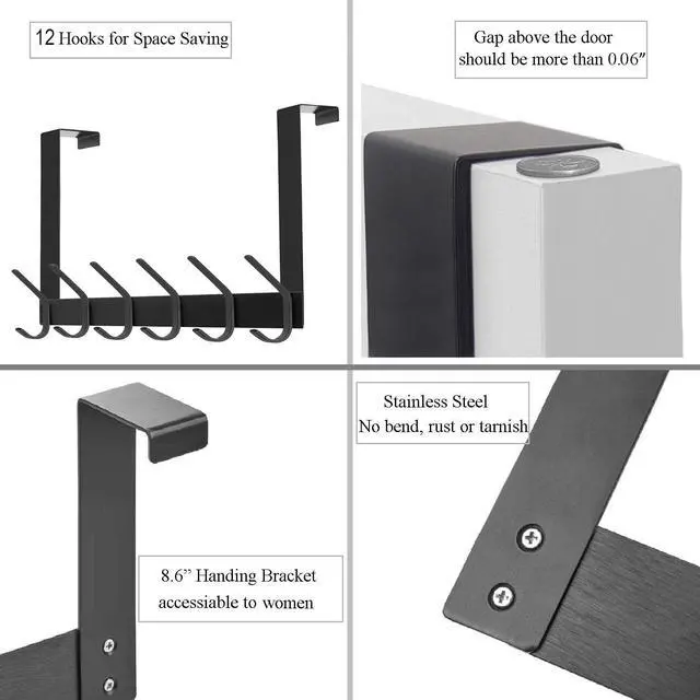 Alt view image 7 of 7 - Over The Door Hook, Heavy Duty Over Door Hanger Holder for Coat Robe Hat Clothe Towels Hanging, Bathroom Organizer Towel Rack 12 Hooks, Matte Black