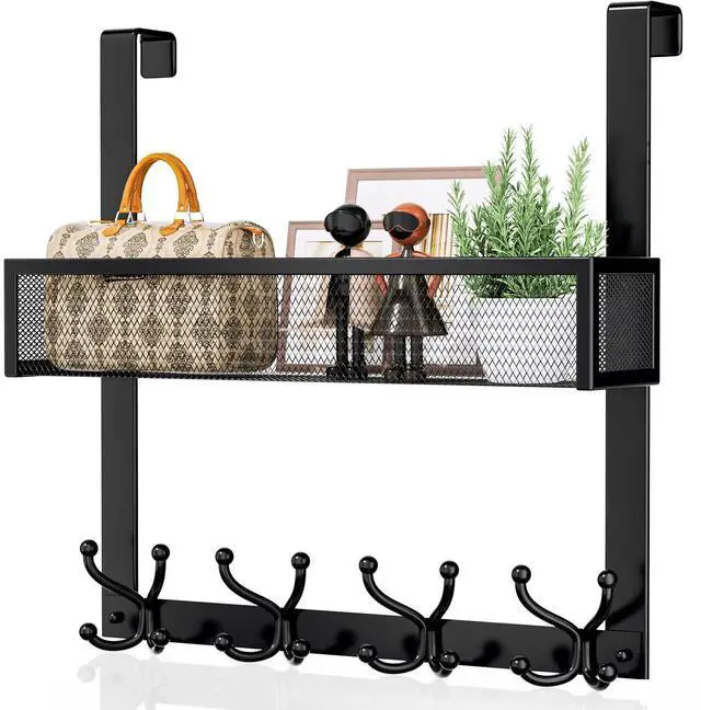 Main image of Over The Door Hooks Organizer - Over Door Hanger with 16 Hooks & 2 Baskets for Hanging Coat, Clothing, Towel, Back Storage for Bathroom, Closet, College Dorm, Black