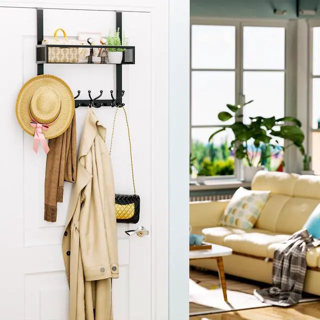 Alt view image 2 of 7 - Over The Door Hooks Organizer - Over Door Hanger with 16 Hooks & 2 Baskets for Hanging Coat, Clothing, Towel, Back Storage for Bathroom, Closet, College Dorm, Black