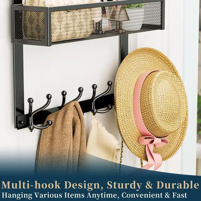 Alt view image 3 of 7 - Over The Door Hooks Organizer - Over Door Hanger with 16 Hooks & 2 Baskets for Hanging Coat, Clothing, Towel, Back Storage for Bathroom, Closet, College Dorm, Black