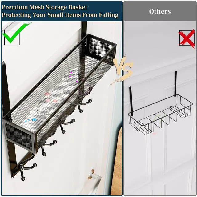 Alt view image 4 of 7 - Over The Door Hooks Organizer - Over Door Hanger with 16 Hooks & 2 Baskets for Hanging Coat, Clothing, Towel, Back Storage for Bathroom, Closet, College Dorm, Black