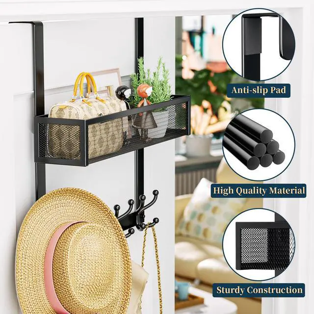 Alt view image 5 of 7 - Over The Door Hooks Organizer - Over Door Hanger with 16 Hooks & 2 Baskets for Hanging Coat, Clothing, Towel, Back Storage for Bathroom, Closet, College Dorm, Black