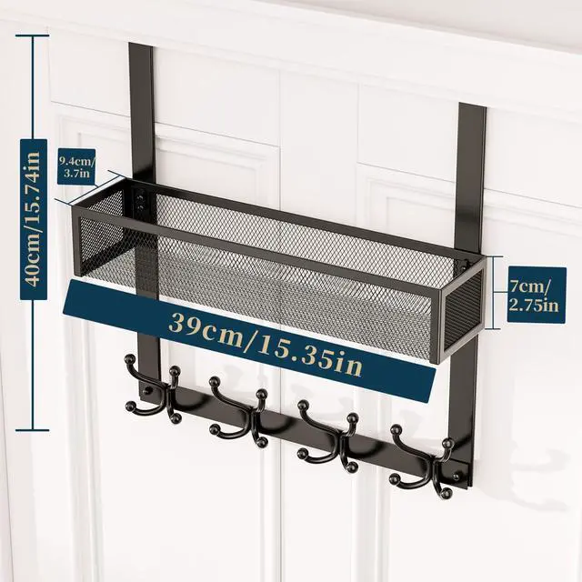 Alt view image 7 of 7 - Over The Door Hooks Organizer - Over Door Hanger with 16 Hooks & 2 Baskets for Hanging Coat, Clothing, Towel, Back Storage for Bathroom, Closet, College Dorm, Black