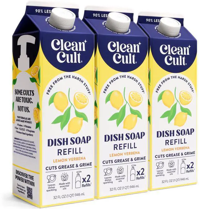 Main image of Dish Soap Liquid Refills - Plant Based Cleaning Power - Cuts Grease & Grime - Free of Harsh Chemicals - Uses 90% Less Plastic - Lemon Verbena - 32 oz/3 Pack