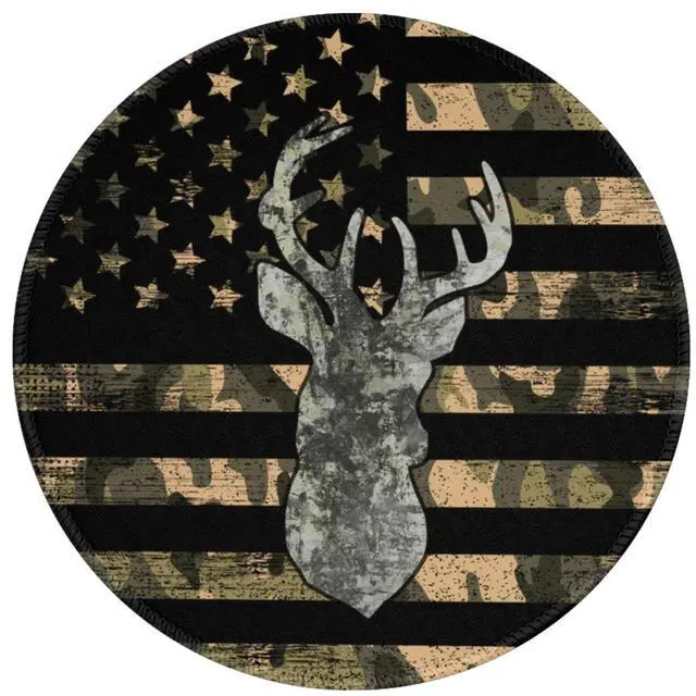 Main image of Camo American Flag Deer Round Mouse Pad Premium Textured Mouse Mat Washable Mousepads with Extended Stitched Edges Non Slip Rubber Base Small Mousepad 7.9 X 7.9 X 0.12 Inches