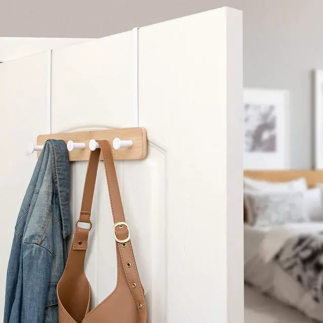 Alt view image 2 of 7 - Over The Door Hook Hanger, Bamboo Coat Rack with 5 Metal Hooks, Wood Clothes Organizer for Coat, Towels, Bags, Robes (White)