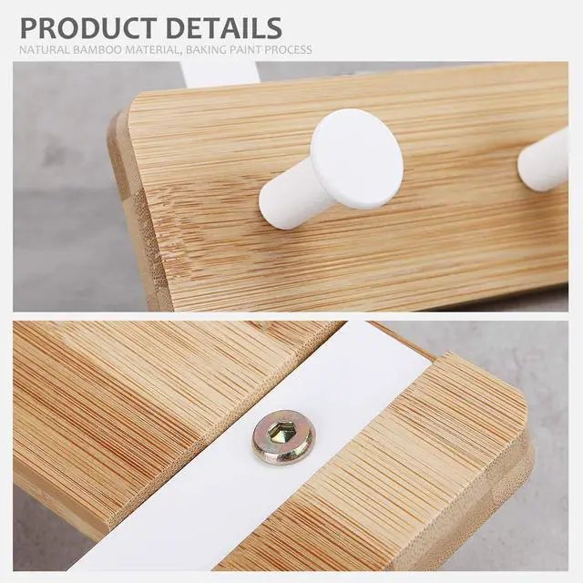Alt view image 4 of 7 - Over The Door Hook Hanger, Bamboo Coat Rack with 5 Metal Hooks, Wood Clothes Organizer for Coat, Towels, Bags, Robes (White)