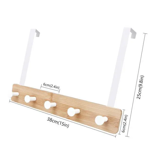 Alt view image 5 of 7 - Over The Door Hook Hanger, Bamboo Coat Rack with 5 Metal Hooks, Wood Clothes Organizer for Coat, Towels, Bags, Robes (White)