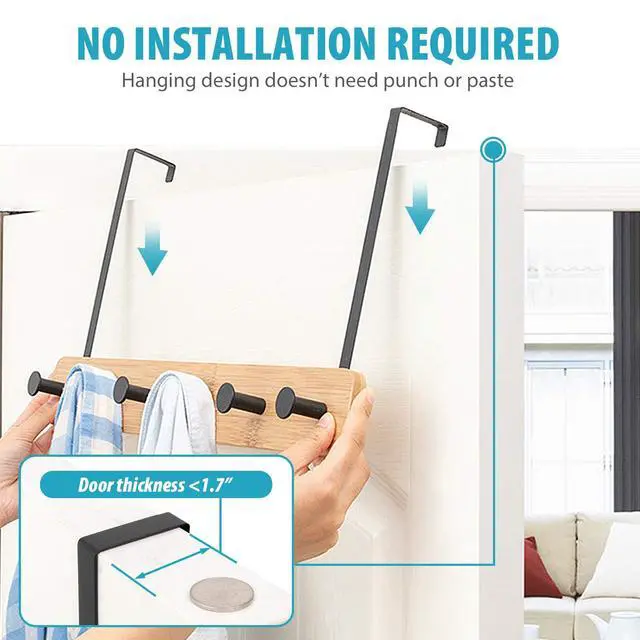 Alt view image 6 of 7 - Over The Door Hook Hanger, Bamboo Coat Rack with 5 Metal Hooks, Wood Clothes Organizer for Coat, Towels, Bags, Robes (White)