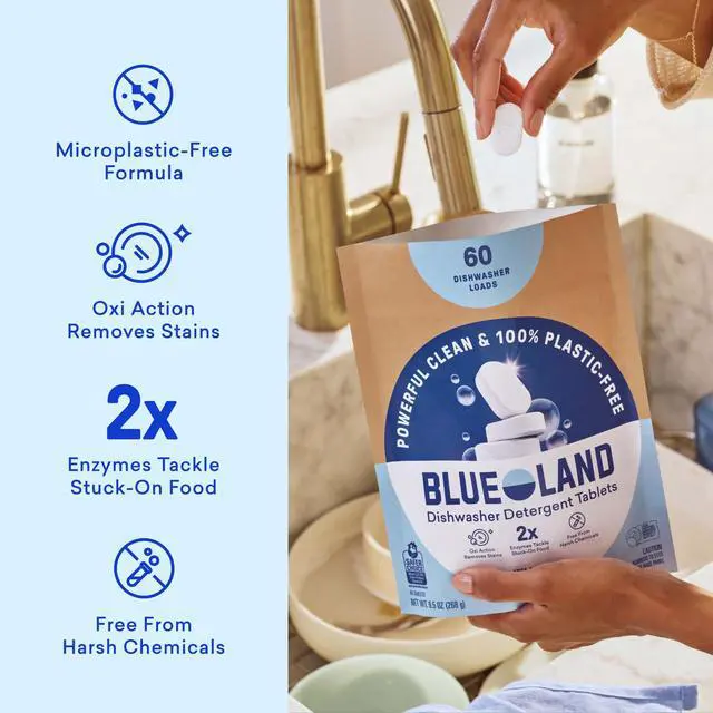 Alt view image 2 of 7 - BLUELAND 100% Plastic-Free Dishwasher Detergent Tablets, 60 Count, Free & Clear, Eco-Friendly Dishwashing Pods, Cuts Grease & Stuck on Food, Rinses Clean for Streak-Free Shine