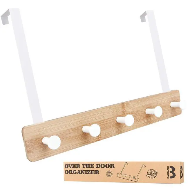 Main image of Over The Door Hook Hanger, Bamboo Coat Rack with 5 Metal Hooks, Wood Clothes Organizer for Coat, Towels, Bags, Robes (White)