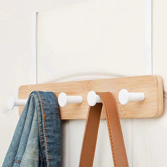 Alt view image 3 of 7 - Over The Door Hook Hanger, Bamboo Coat Rack with 5 Metal Hooks, Wood Clothes Organizer for Coat, Towels, Bags, Robes (White)