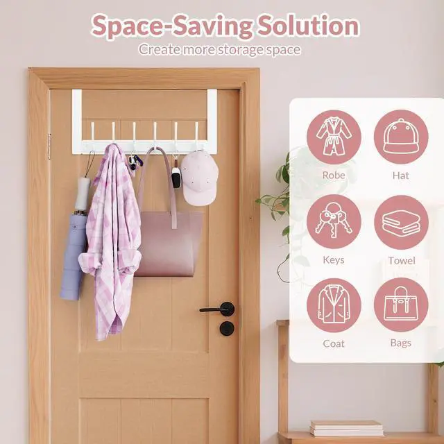 Alt view image 2 of 7 - Over The Door Hooks with 6 Hook, Heavy Duty Over Door Hanger for Hanging Clothes Coat Hat Jacket, Door Coat Rack for Bathroom Closet Laundry Bedroom Kitchen Living Room Home Organizer(1, White)