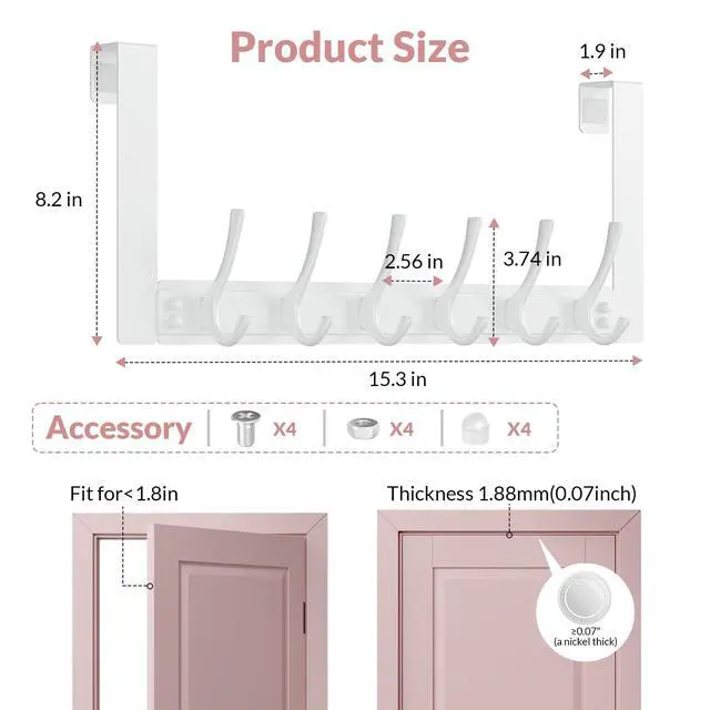 Alt view image 3 of 7 - Over The Door Hooks with 6 Hook, Heavy Duty Over Door Hanger for Hanging Clothes Coat Hat Jacket, Door Coat Rack for Bathroom Closet Laundry Bedroom Kitchen Living Room Home Organizer(1, White)