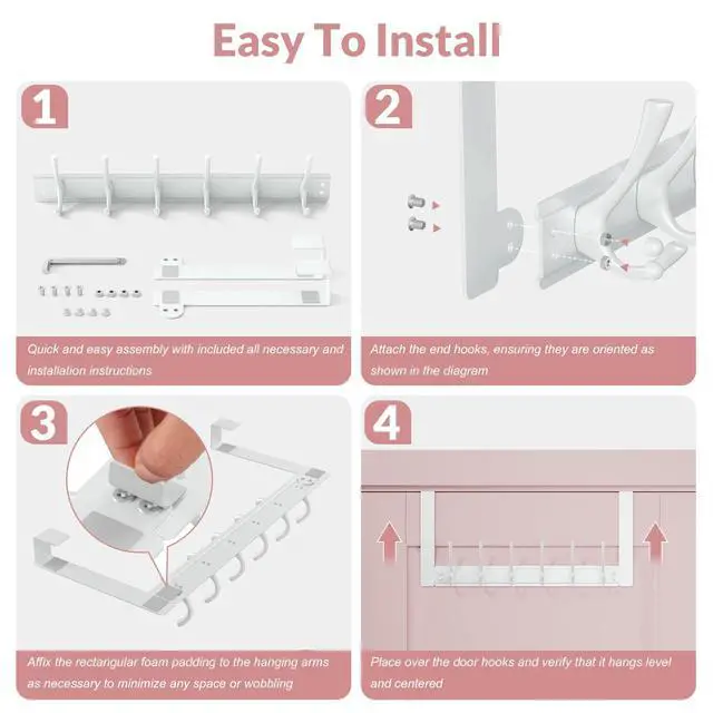 Alt view image 4 of 7 - Over The Door Hooks with 6 Hook, Heavy Duty Over Door Hanger for Hanging Clothes Coat Hat Jacket, Door Coat Rack for Bathroom Closet Laundry Bedroom Kitchen Living Room Home Organizer(1, White)