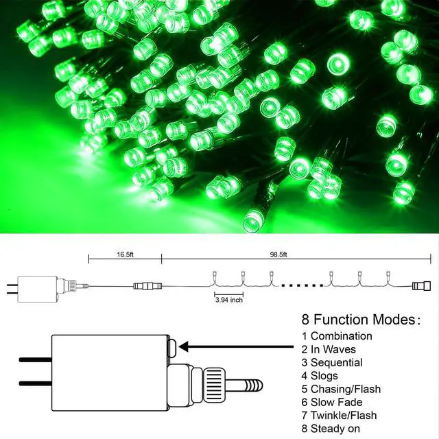 Alt view image 3 of 7 - 300 LED St Patricks Day Lights, 98.5FT Christmas String Lights with 8 Lighting Modes, Waterproof & Connectable Mini Lights, Plug in for Indoor Outdoor Holiday Xmas Party Bedroom Decorations (Green)