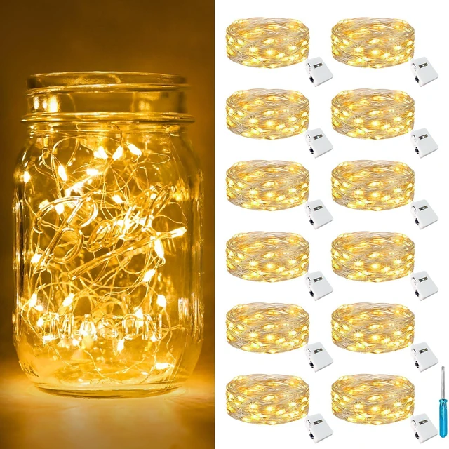 Main image of 12 Pack Fairy Lights Battery Operated Twinkle Lights with 3 Modes | 7Ft 20 Led String Light, Waterproof Bulk Small Mini Silver Wire for Christmas Mason Jars Wedding Table Centerpiece,Warm White
