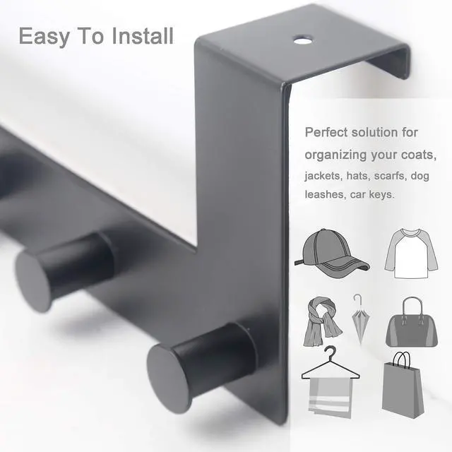 Alt view image 4 of 7 - Over The Door Hooks,Over Door Towel Rack with 6 Peg Hooks for Hanging,Door Coat Hanger Door Coat Rack for Behind Back of Bathroom,Black