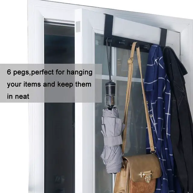 Alt view image 5 of 7 - Over The Door Hooks,Over Door Towel Rack with 6 Peg Hooks for Hanging,Door Coat Hanger Door Coat Rack for Behind Back of Bathroom,Black